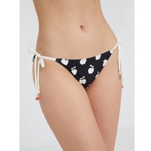 Kate Spade Black Ivory Apple Print Side Tie Bikini Bottom Sz M Preppy Retro Chic